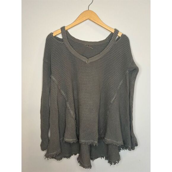 Free People Women’s Moonshine Cold Shoulder Thermal Waffle Knit Sweater Green S - Picture 1 of 6